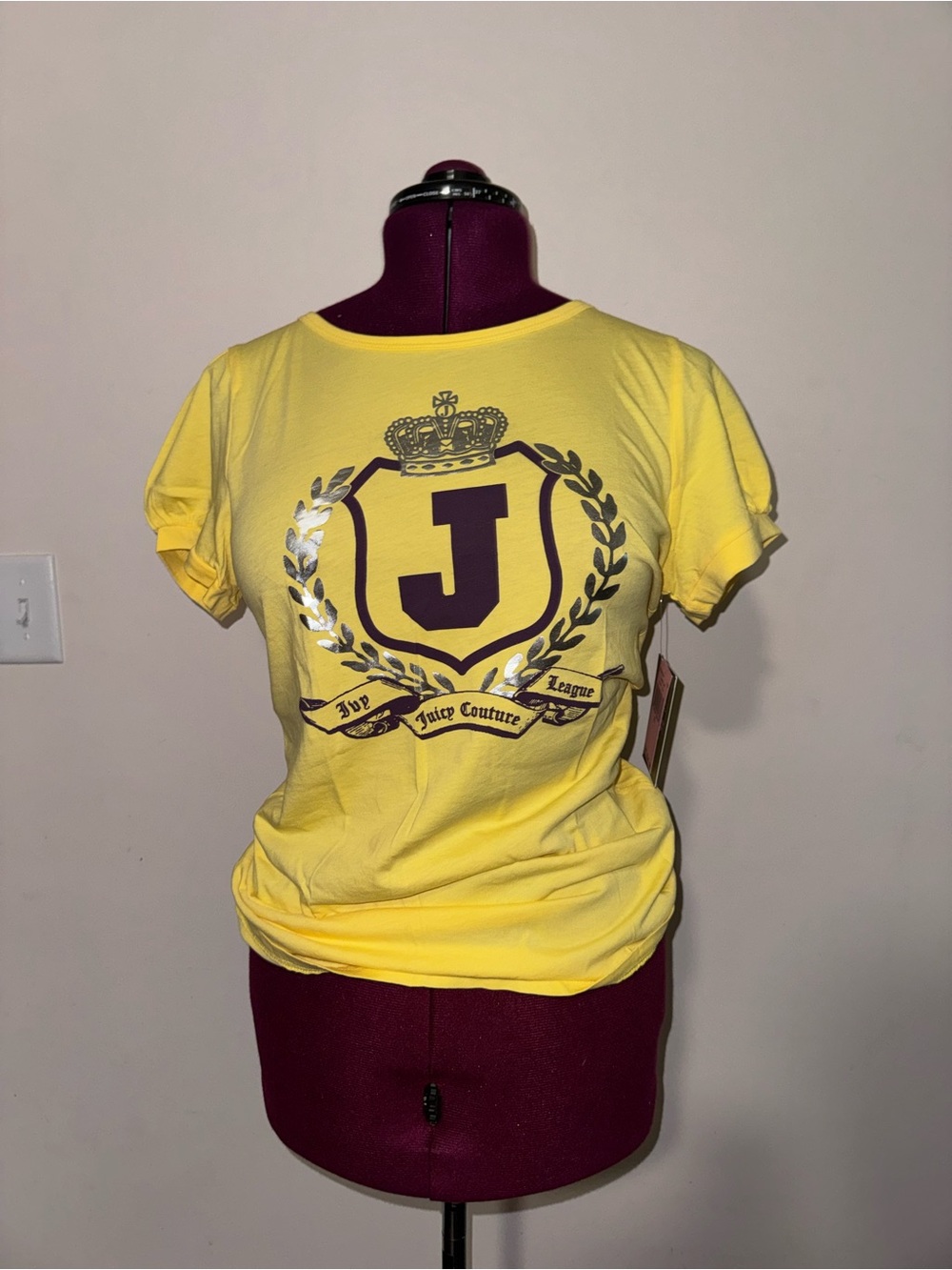 Vintage Juicy Couture Yellow Tee with Purple Crest and Silver Laurel - Picture 2 of 8